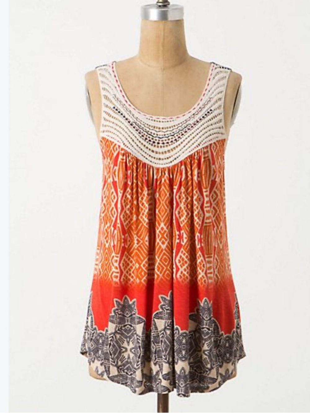 Anthropologie One September Boho Tank Orange Red Cream Blue Crochet 1.9 P